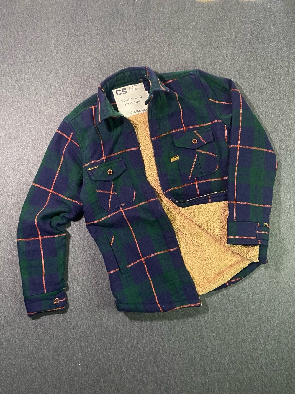 G-Star Raw Sherpa Lined Flannel Shirt Jacket Mens Large Plaid Zip Front Shacket